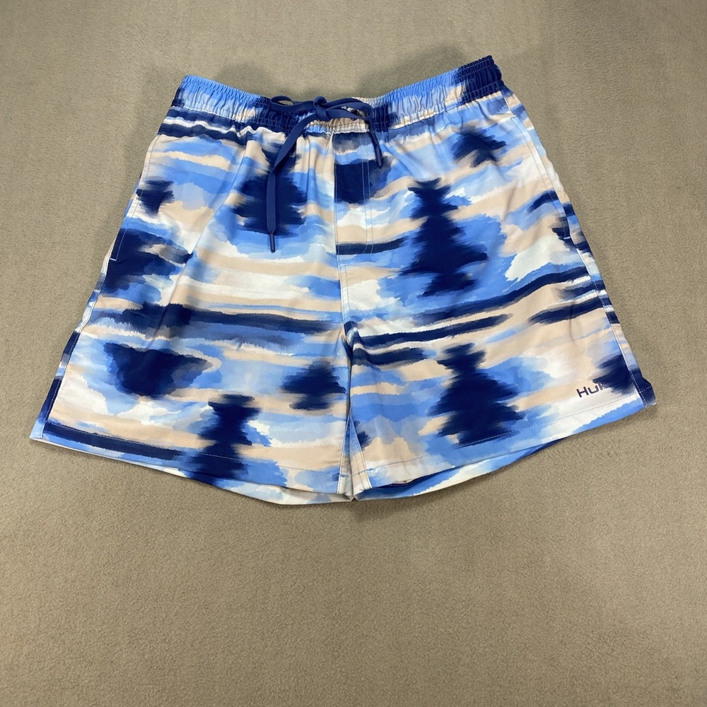 Huk Mens Medium Blue Abstract Print Fishing Swim Outdoor Shorts